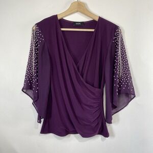 MSK Womens Embellished Cold Shoulder V Neck Top Purple Size XS Sheer Rushed